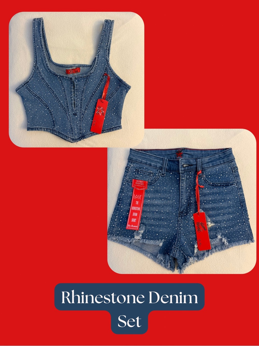 NWT Rhinestone Denim Top and Shorts Set